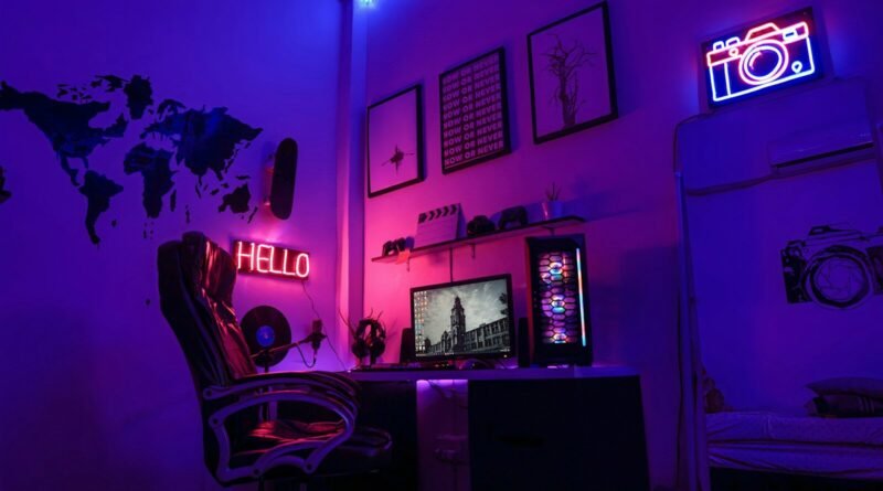 A gaming workspace with a computer, neon signs, and wall art in purple